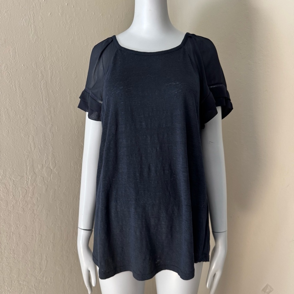 REBECCA TAYLOR Navy Sheer Flutter Sleeve Knit Top Silk and Linen Size Large - Picture 3 of 16